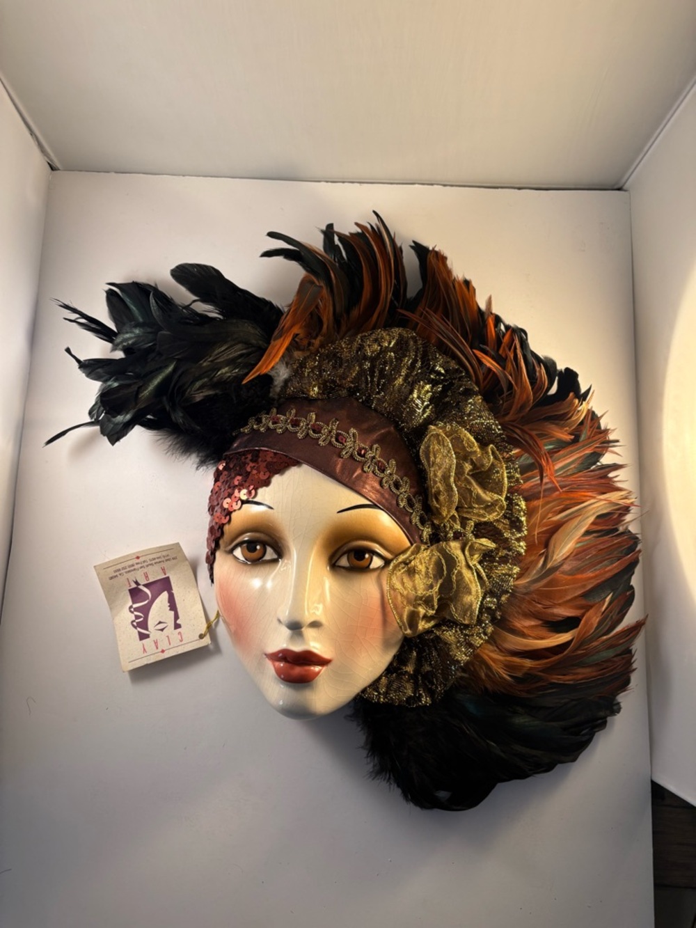 Clay Art San Francisco Ceramic Lady Face Wall Mask Brown Black Feathers 13”x16”